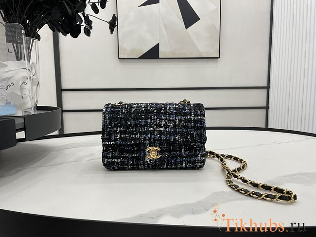 Chanel Small Flap Bag Black Tweed Gold 20cm - 1