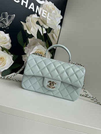 Chanel Top Handle Flap Bag Light Blue Gold 20cm