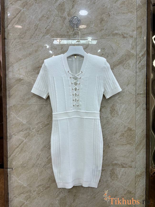 Balmain Short Fine Ribbed Knit White Dress - 1