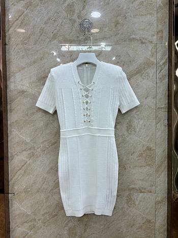 Balmain Short Fine Ribbed Knit White Dress
