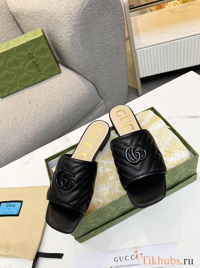 Gucci Black Leather Double G Slides - 1
