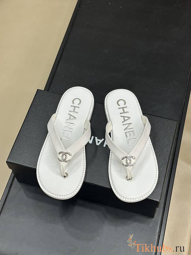 Chanel Fabric Thong Sandals White Silver - 1