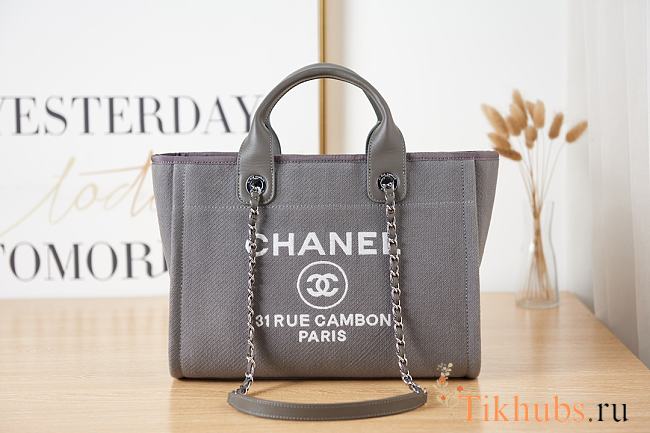 Chanel Shopping Tote Canvas Grey Handle 38x22x13cm - 1