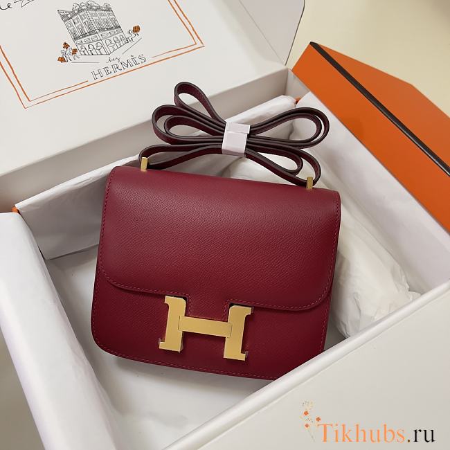 Hermes Epsom Leather Gold Lock Bag In Red Wine Size 19 cm - 1