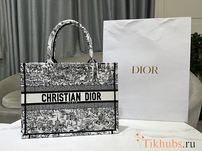 Dior Medium Book Tote White Black Paris Allover 36 x 27.5 x 16.5 cm - 1