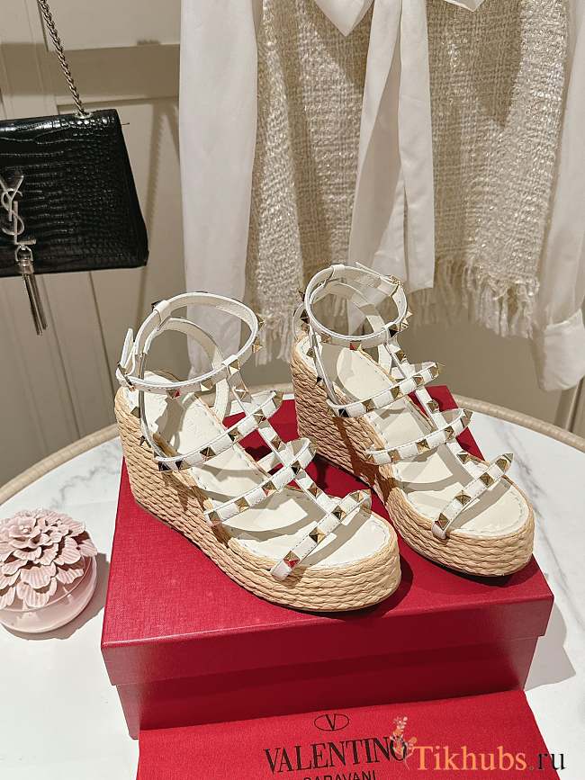 Valentino Garavani Rockstud White Wedge Sandal - 1