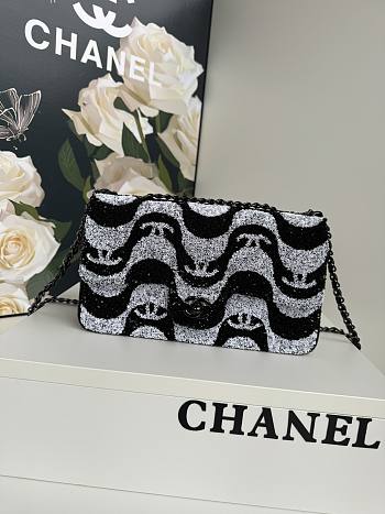 Chanel Flap Sequin Chain Shoulder Bag Black White 25cm