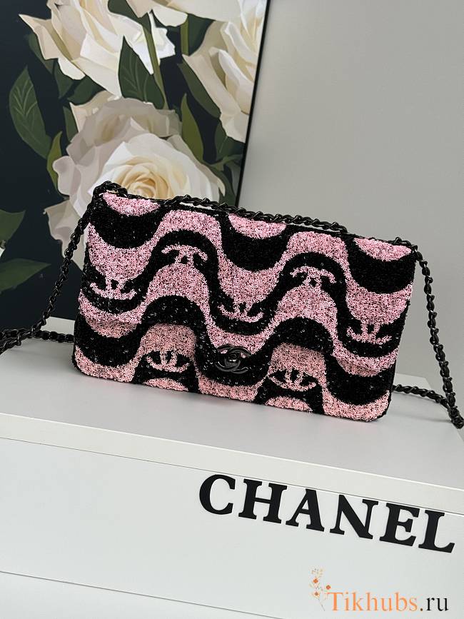 Chanel Flap Sequin Chain Shoulder Bag Black Pink 25cm - 1