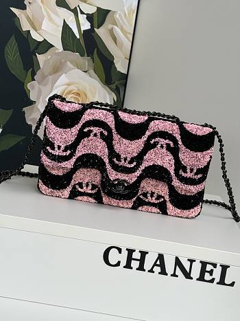 Chanel Flap Sequin Chain Shoulder Bag Black Pink 25cm