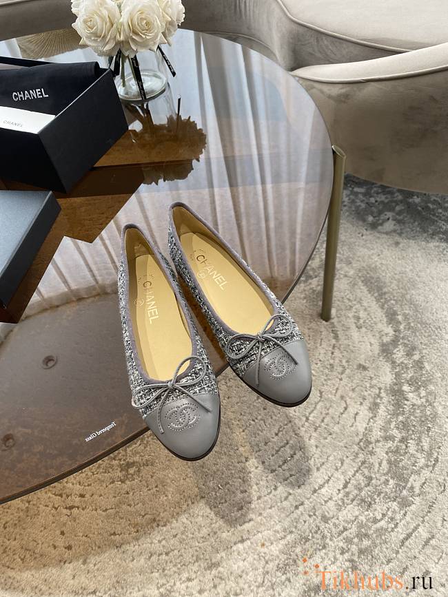 Chanel Ballerina Tweed Grey Flat - 1