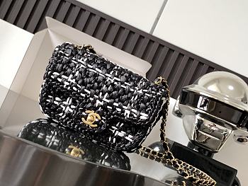 Chanel Mini Flap Bag Raffia Effect Tweed Gold Black 17x13x6cm