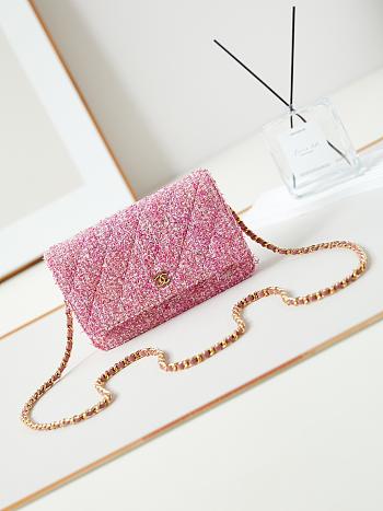 Chanel Wallet On Chain Woc Pink Tweed 19x12x3.5cm