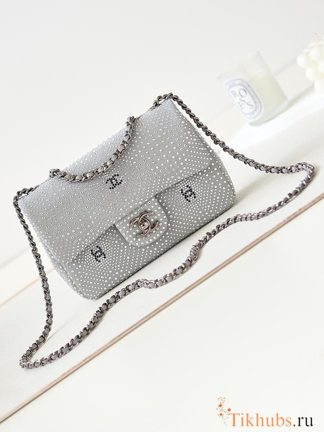 Chanel Small Flap Classic Handbag Velvet Crystal Pearl Grey 20cm - 1