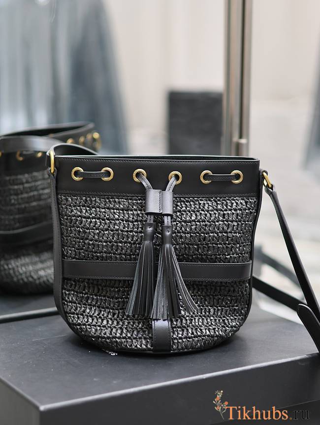 YSL Raffia Bucket Bag Black 22x15x15cm - 1