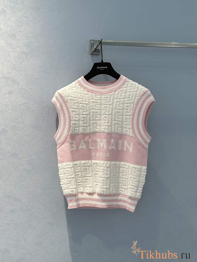 Balmain Monogrammed Bouclette Knitted Top Pink - 1