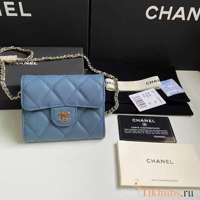 Chanel Wallet Blue Caviar Gold Chain 11x7cm - 1