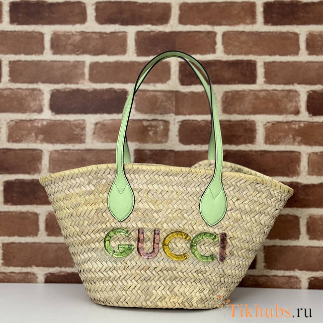 Gucci Small Straw Tote With Gucci Logo 26x22.5x18cm - 1