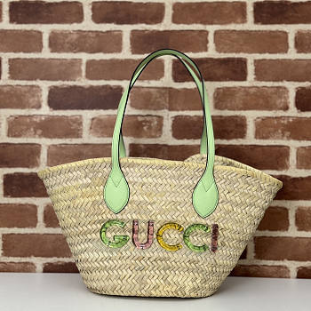 Gucci Small Straw Tote With Gucci Logo 26x22.5x18cm