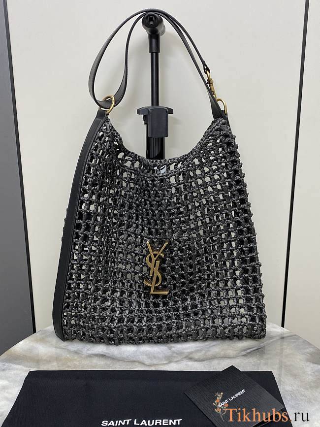 YSL Metallic Oxalis Crochet Raffia Black Shoulder Bag 37x40x3cm - 1