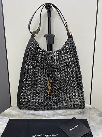 YSL Metallic Oxalis Crochet Raffia Black Shoulder Bag 37x40x3cm