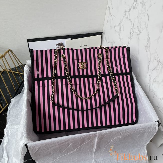 Chanel Shopping Bag Canvas Gold Black Pink 36x31x18cm - 1