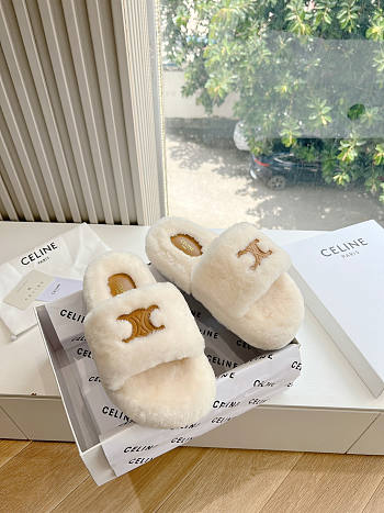 Celine Fur White Slides