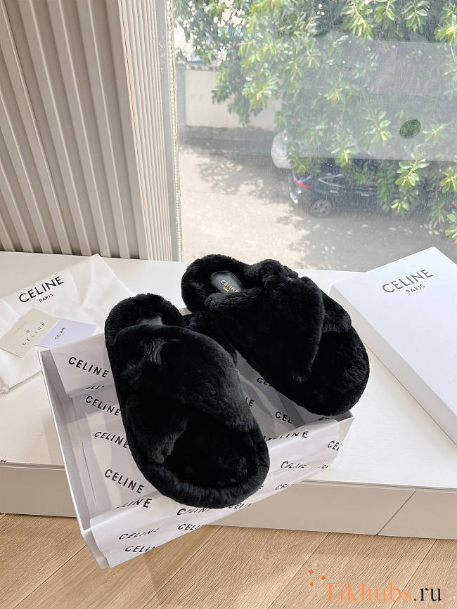 Celine Fur Black Slides - 1