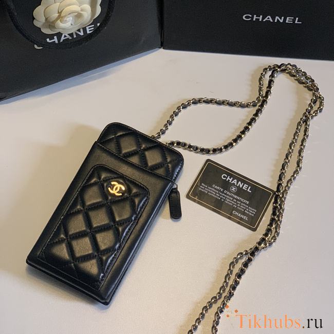 Chanel Black Lambskin Leather Phone Holder Crossbody Bag 18x10x2cm - 1