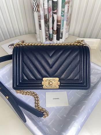 Chanel Leboy Bag Caviar Chevron Navy Blue Gold 25cm