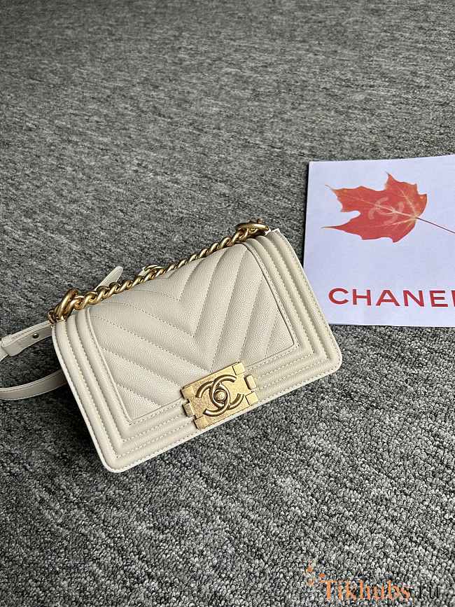 Chanel Small Leboy Bag Chevron White Caviar Gold 20cm - 1