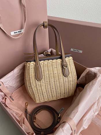 Miu Miu Wicker Leather Handbag Tan 19x14.5x9.5cm