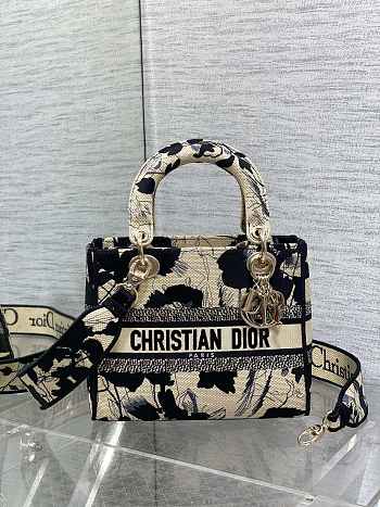 Dior Medium Lady D-Lite Bag Beige Black Fleurs Mystiques 24cm