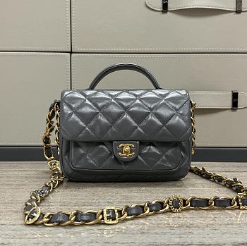 Chanel 24A Handle Flap Bag Grey Gold Lambskin 19cm