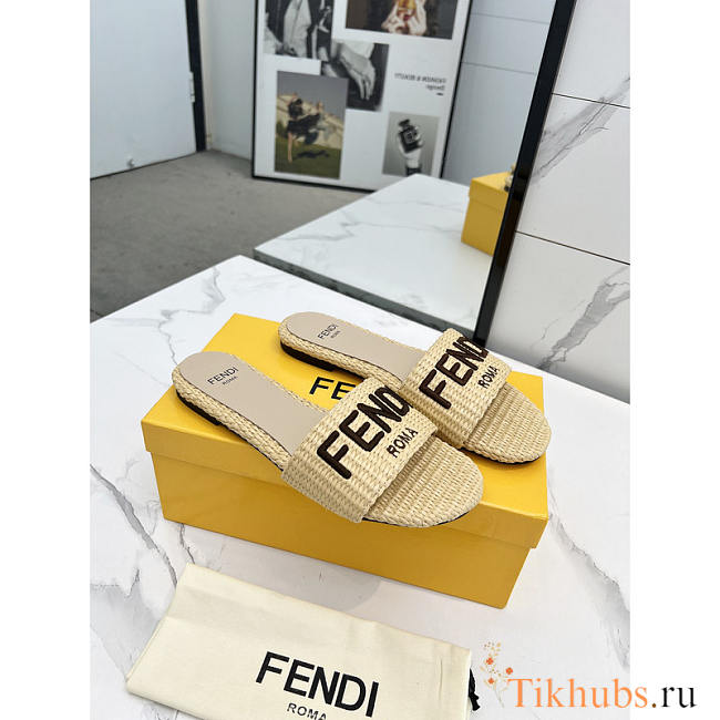 Fendi Signature Logo Cotton Fiber Slide Beige - 1