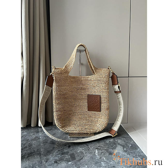 Loewe Slit Bag in Raffia And Calfskin Beige 30x8x30cm - 1