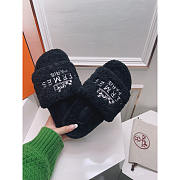 Hermès Logo Embroidered Fur Slippers Black - 2