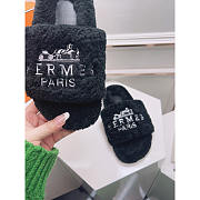 Hermès Logo Embroidered Fur Slippers Black - 4