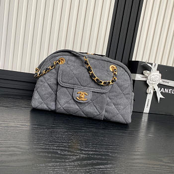 Chanel Large Bowling Bag Denim Gold Grey 33x21.5x14.5cm