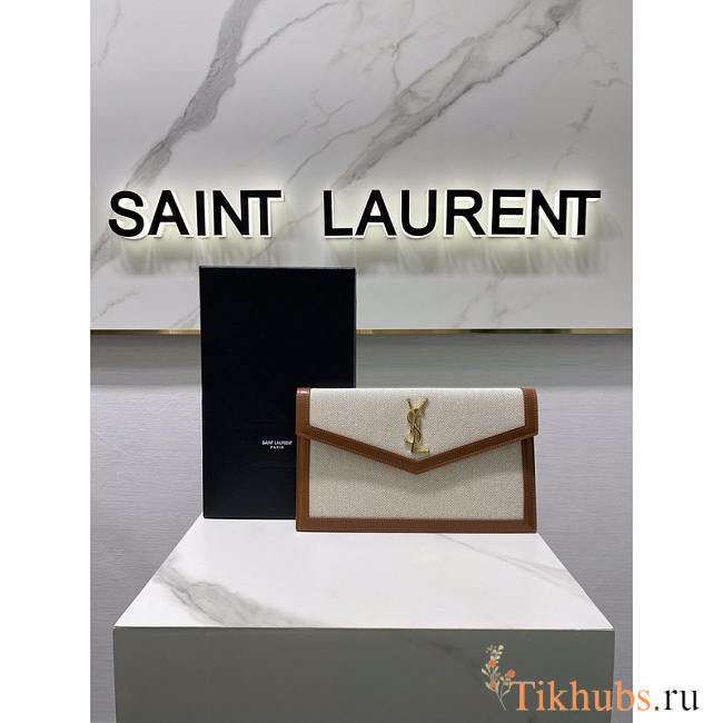 YSL Uptown Leather-trimmed Canvas Pouch Beige 27x16x2cm - 1