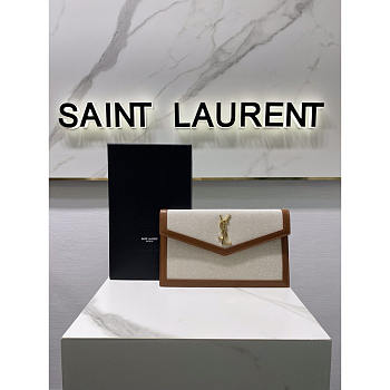 YSL Uptown Leather-trimmed Canvas Pouch Beige 27x16x2cm