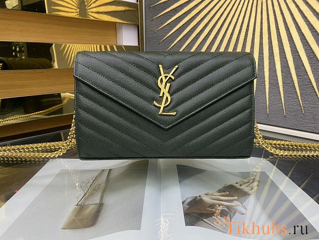 YSL Envelope Chain Wallet Dark Green Gold Hardware 22.5x14x4cm - 1