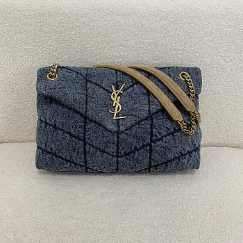 YSL Puffer Medium Suede Blue Denim 35x23x13.5cm