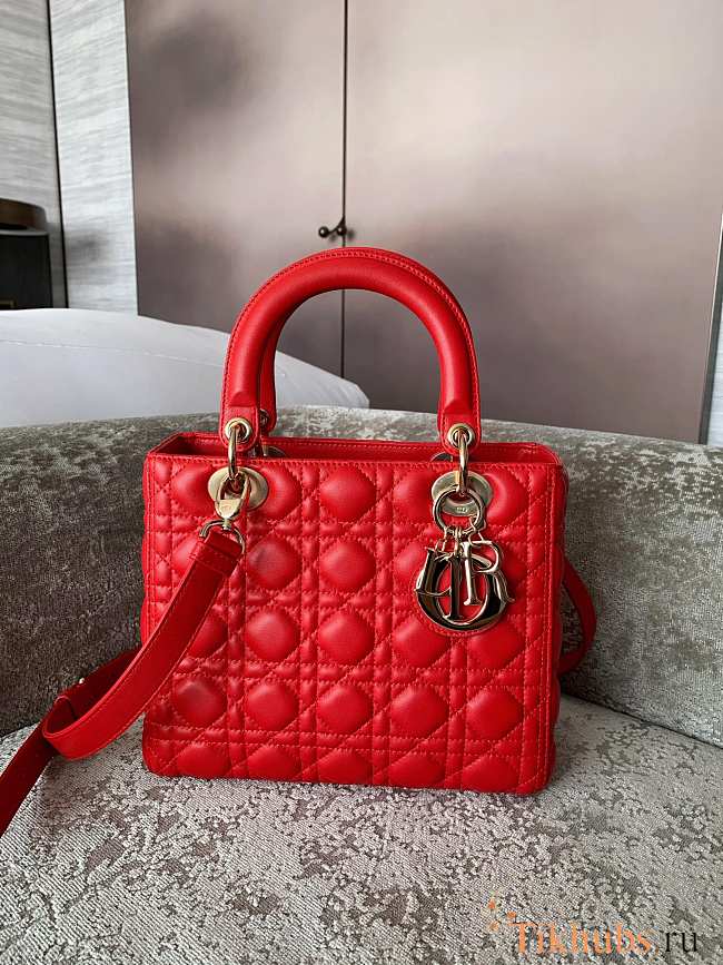 Dior Medium Lady Bag Red Gold Lambskin 24cm - 1