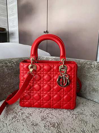 Dior Medium Lady Bag Red Gold Lambskin 24cm