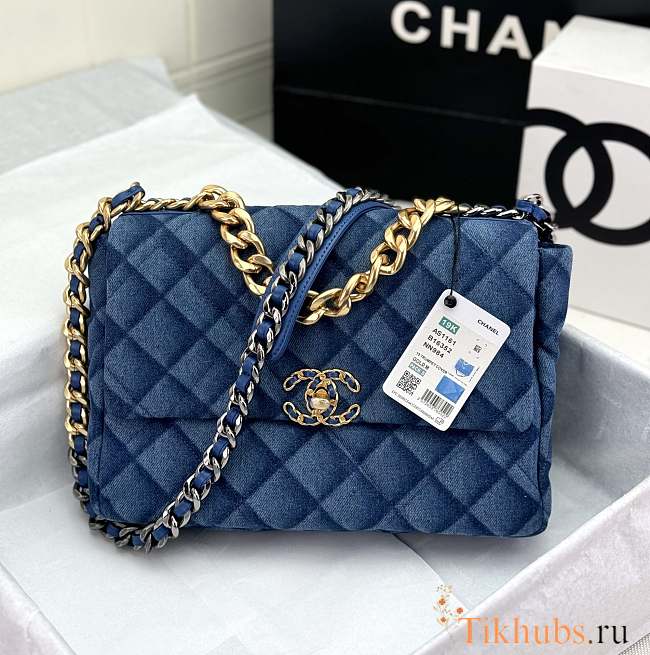 Chanel 19 Flap Bag Blue Denim Gold 30cm - 1