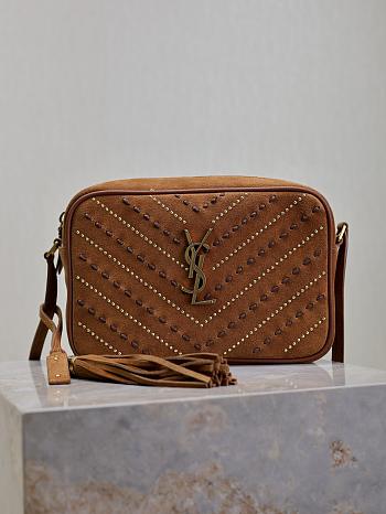 YSL Lou Embellished Suede Topstitch Camera Bag 23x16x6cm