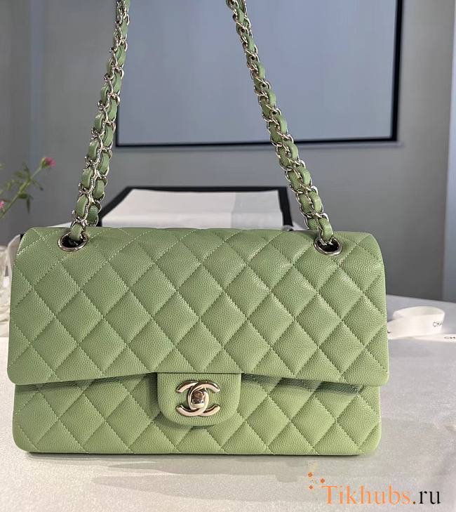 Chanel Medium Flap Bag Light Green Caviar Silver 25cm - 1