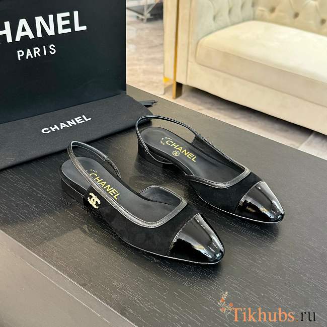 Chanel Slingback Black Suede Lambskin Flat - 1