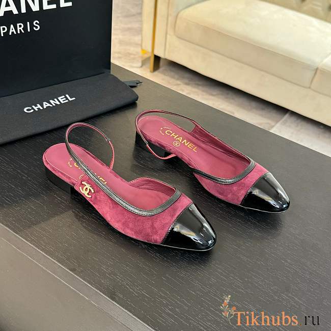 Chanel Slingback Burgundy Suede Lambskin Flat - 1