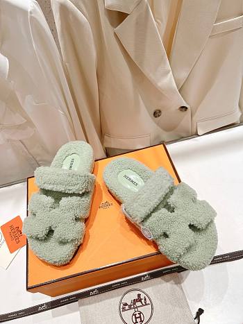 Hermes Chypre Sandals Light Green Shearling